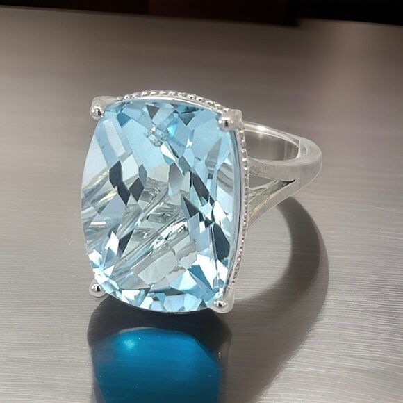Natural Solitaire Blue Topaz Ring 6.5 14k WG 19.58 Cts Certified $3,950 310546 - Picture 7 of 16